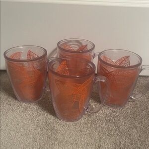 Tervis Acrylic 4 Mug Set Orange lace cut leaves Clear Double Walled 16 oz